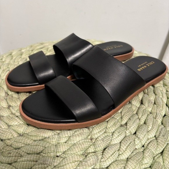 NEW Cole Haan Anica Black Leather Double Strap Slide Flat Sandals Size 7 - Picture 1 of 11